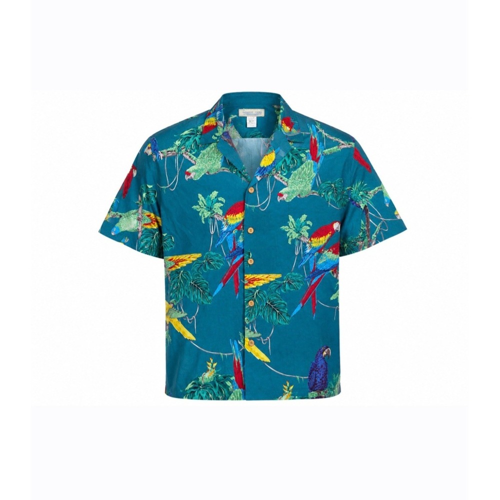 Vintage Paradise Found Mens XL‎ Hawaiian Shirt Blue Parrot Macaw Cotton Hawaii